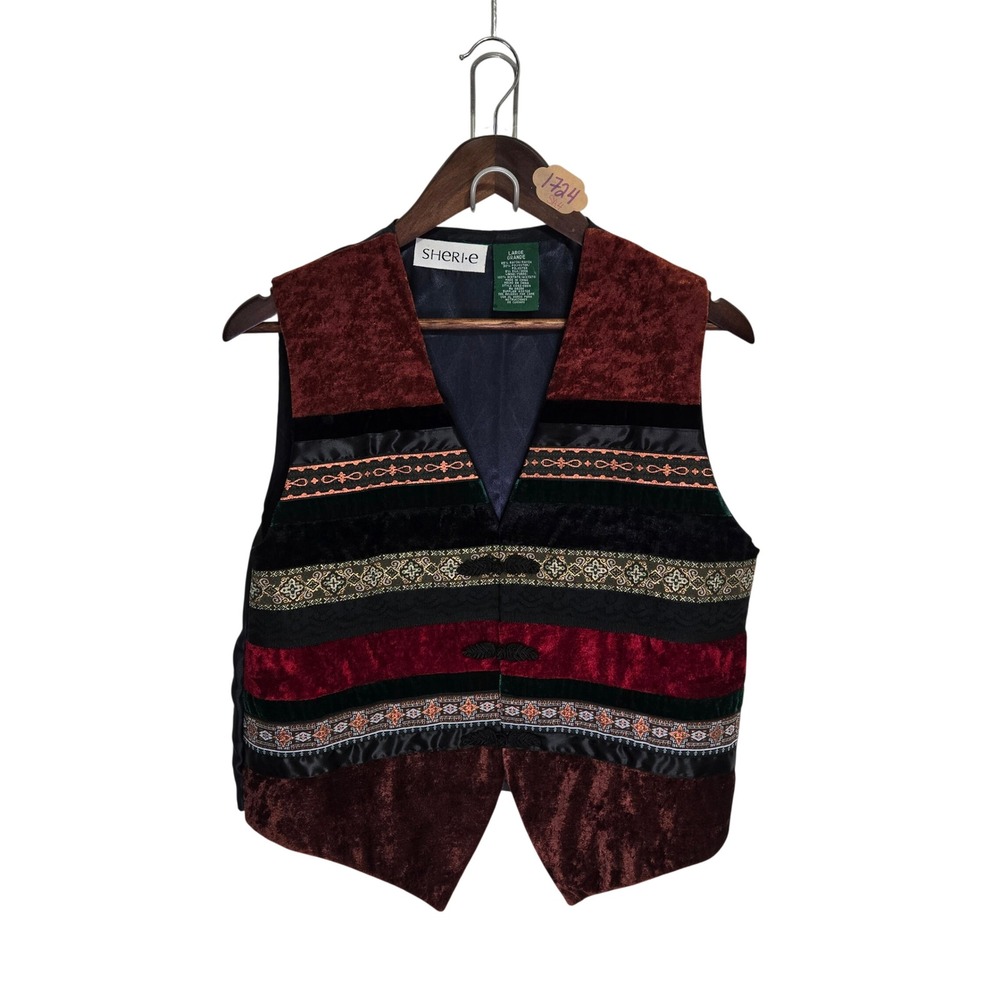 Vintage 90s Sheri-e Velvet Brocade Frog Closure Vest Burgundy Green C842-0804 L